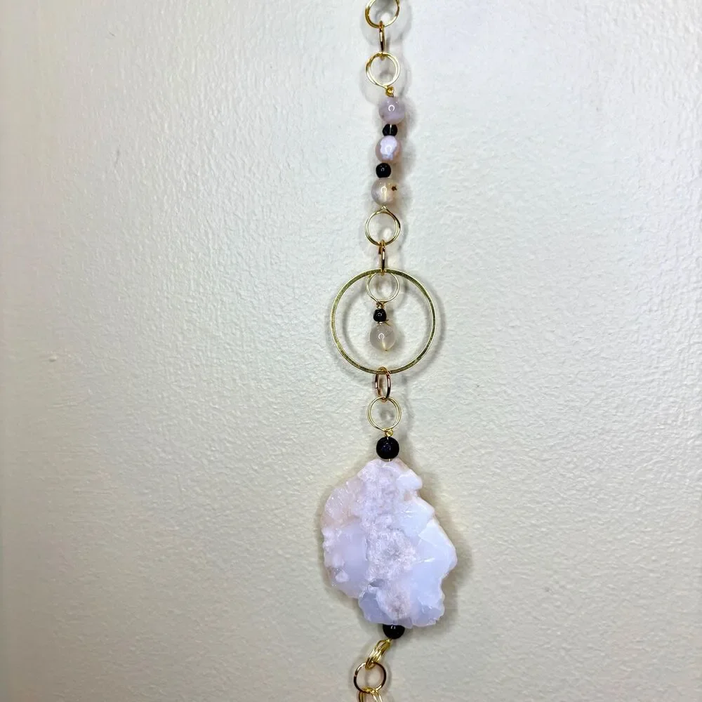 Flower Agate Black Onyx Hanging Polished Agate Slice & Beads Growth Creativity